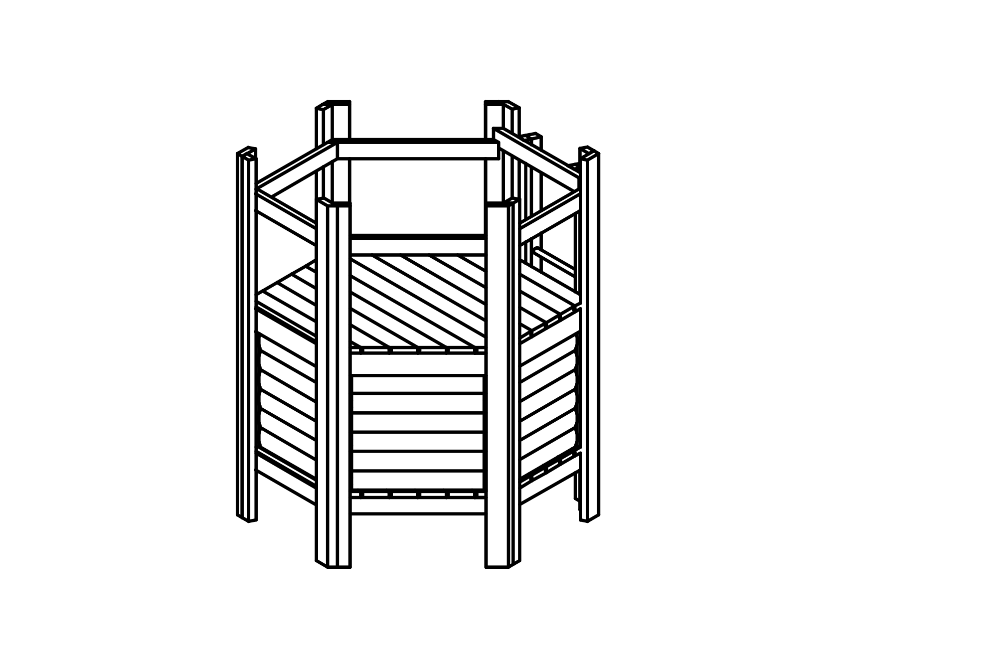 Hexagonal Hut with 3 walls and bench made of non-impregnated mountain larch.