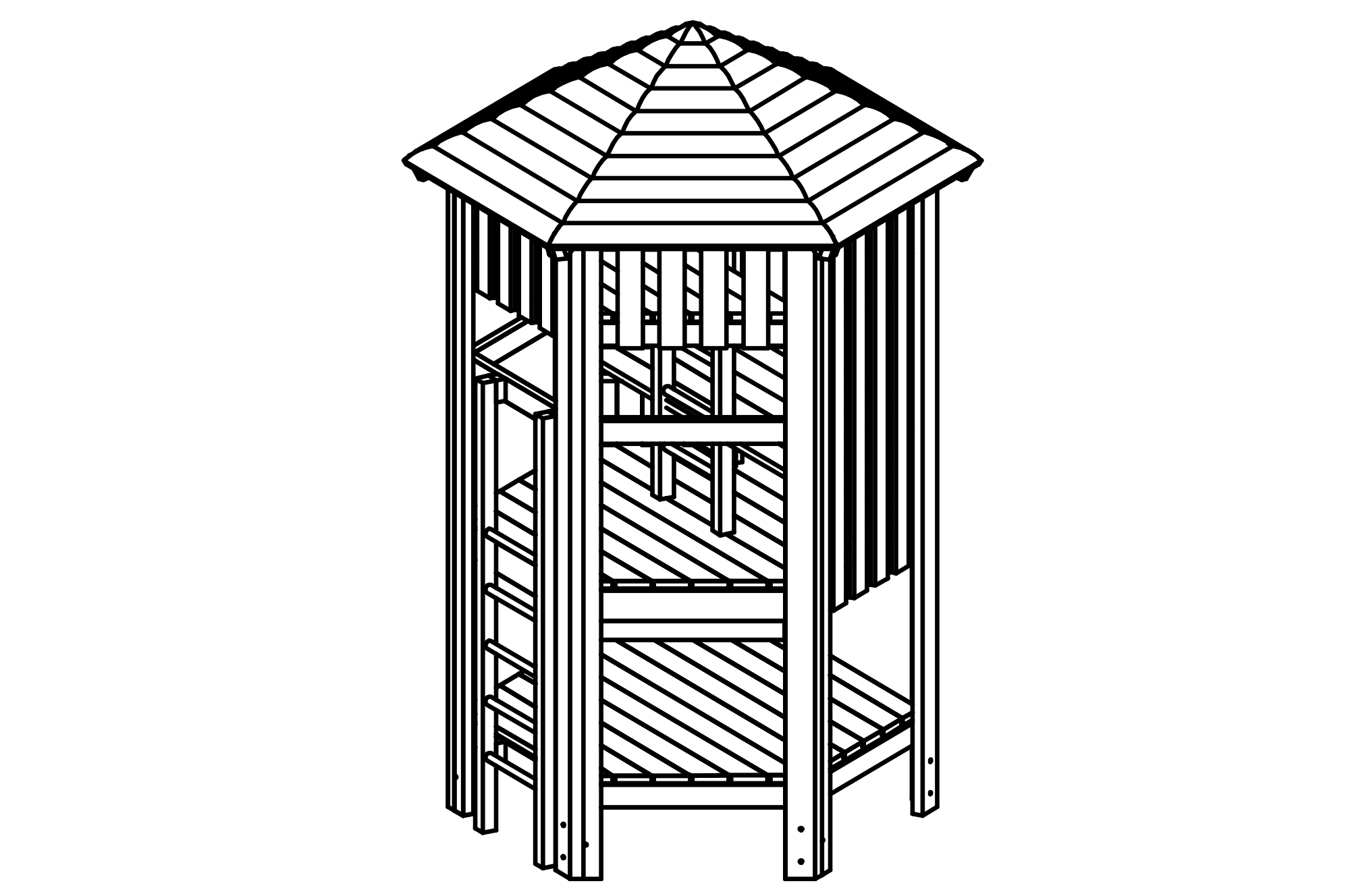 Big Hexagonal Hut with roof made of non-impregnated mountain larch