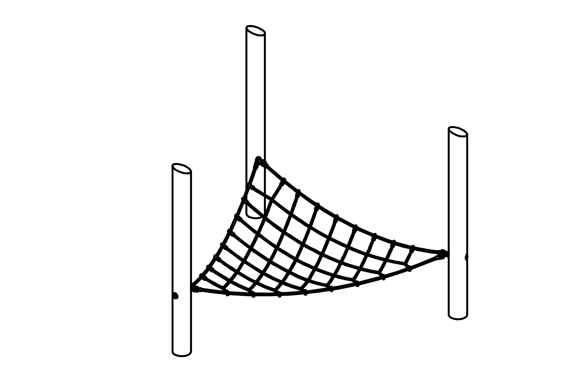 Horizontal triangular net, wide-meshed equipment made of non-impregnated mountain larch